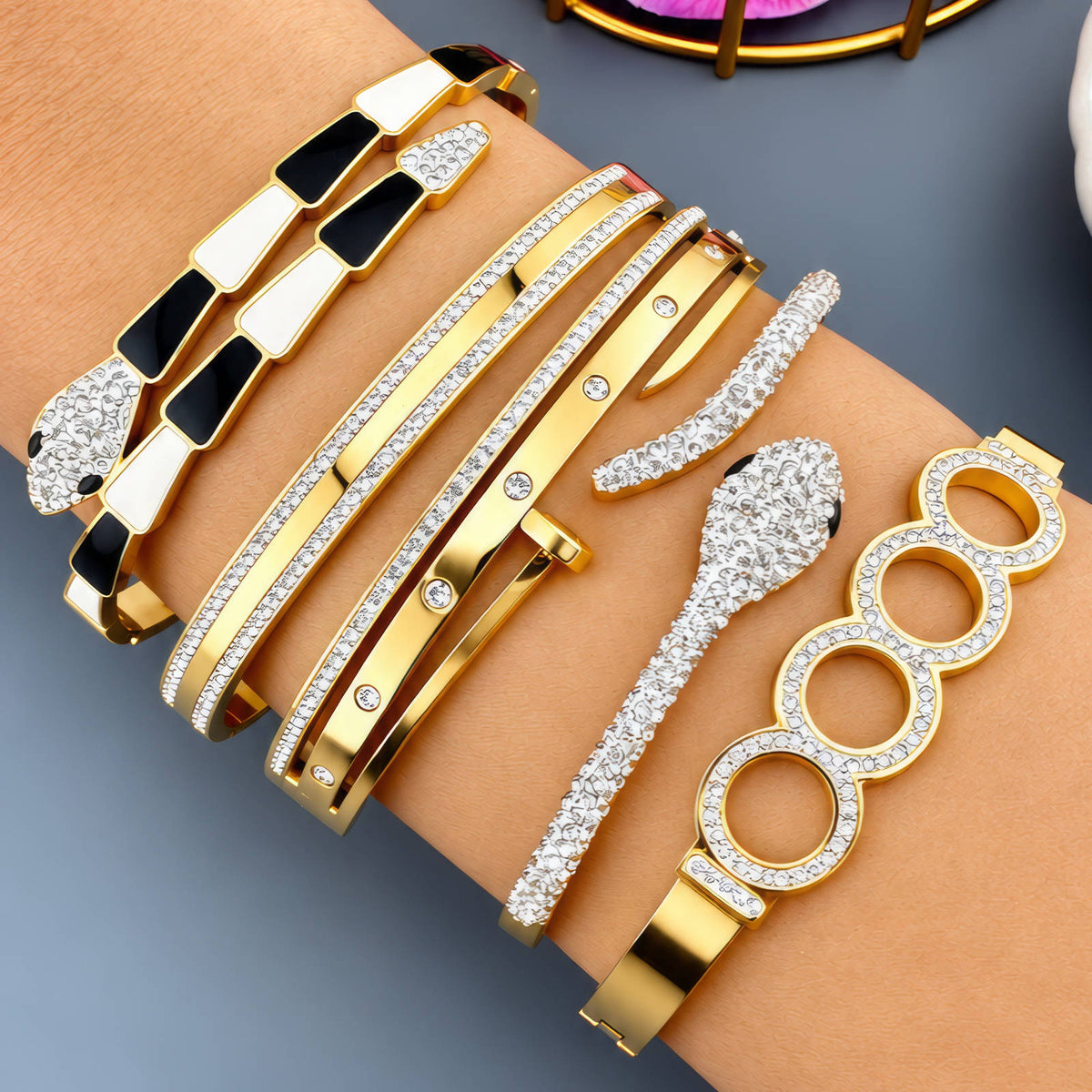 Soraya Snake Bangle | 18K Gold Plated Stainless Steel & Zirkonia